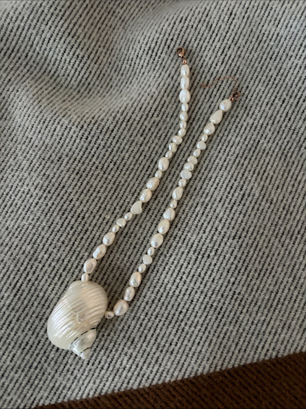 White Pearl Necklace with Carved Shell Pendant